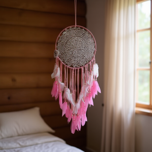 Atrapasueños Decorativo de Pared con Plumas Rosas, 40x120 cm, Estilo Bohemio, Diseño Circular Hecho a Mano - Product Image 4