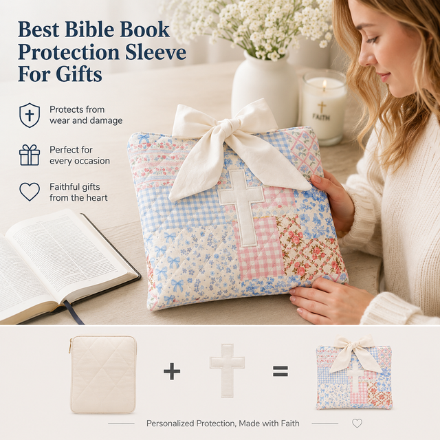 OEM ODM Custom Quilted Bible Cover, Floral Bible Book Sleeve with Cross Embroidery, Christian Gift Bag, Private Label Bible Case