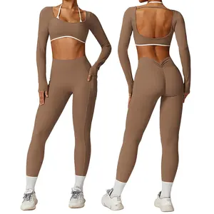 Custom Logo Long Sleeve Activewear Set Workout Scrunch Butt Leggings Womens Gym Sets Fashion Fitness Yoga Wear