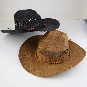 V özel logo çim meksika boy geniş ağız yaz doğal şapka kovboy hasır şapkalar