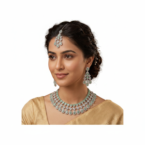 <b>Gold</b> Plated Alloy Pearl Bridal Shadow Choker Necklace <b>Set</b> Earrings Maang Tikka Ethnic Handmade High Quality Latest Wedding Party - Product Image 2