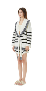 <span class=keywords><strong>Cardigan</strong></span> Invernale da Donna, Nuovo Design Personalizzato, Stile Vintage a Righe Bianche e Nere, Misto <span class=keywords><strong>Lana</strong></span> con Frange Bohémien - Product Image 4