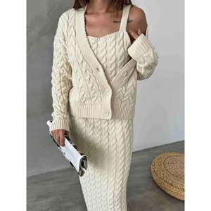 Three Piece Knitwear Set Women's <b>Sweater</b> Cardigan And Skirt Bone Color S Size <b>Cable</b> <b>Knit</b> Cozy Outfit - Product Image 1