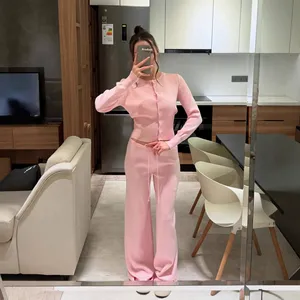 Completo in Maglia Autunno-Inverno 2025 Stile Europeo-Americano, Tinta Unita in Cotone, Ampio con Colletto a Fiocco, Maniche Lunghe, Lunghezza Intera, Camicia da Donna - Product Image 2