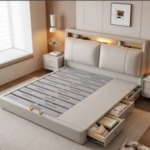 เตียงคู่ทันสมัยพร้อมที่เก็บของ เตียงไม้ขนาดควีนไซส์และคิงไซส์ เตียงหนังอเนกประสงค์พร้อมที่เก็บของและโต๊ะทำงาน - Product Image 3