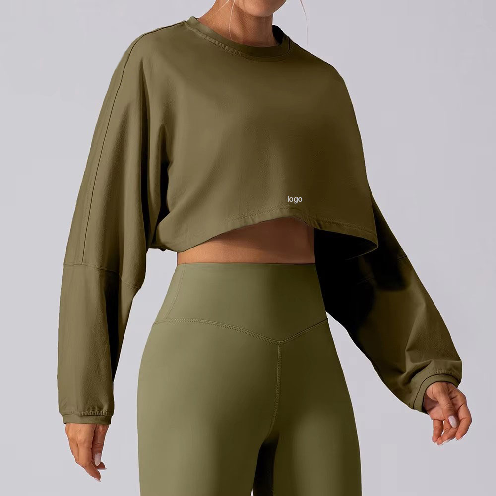 Women's Breathable Spandex/Nylon Wrinkle-Resistant Solid 220g Fitness Sweatshirt Short Neck Loose Long Sleeve Top Yoga Sports
