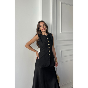 Chaleco de Lino Jacquard Ajustado a la Cintura, Negro, Top sin Mangas para Mujer, Talla S - Product Image 3