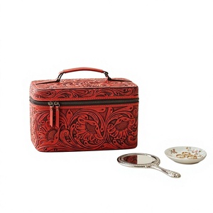 Vintage Lady Fashion Genuine Leather Embossed Jewelry Storage Makeup <b>Organizer</b> Travel <b>Cosmetic</b> Bag 7 Inch Polyester Lining - Product Image 1