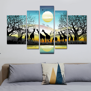 5 mảnh HD vải in phong cảnh Châu Phi Safari nhóm sơn phòng trang trí Poster hươu cao cổ voi Châu Phi đồng cỏ hình ảnh vải - Product Image 3