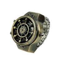 Reloj de Anillo de Lujo con Tapa Abatible, Reloj de Dedo Redondo de Aleación, Reloj de Cuarzo con Diseño de Timón de Crucero, Anillo de Acero Inoxidable con Banda Elástica, Regalo Unisex