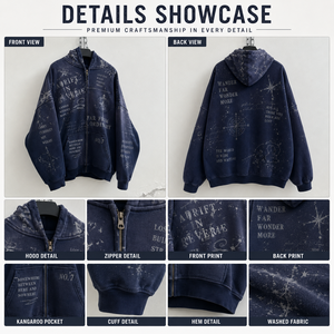 <span class=keywords><strong>Felpa</strong></span> con <span class=keywords><strong>Cappuccio</strong></span> in Cotone 100% Reverse Weave 500GSM con Logo Goffrato, Blu Navy, Tema Salute Mentale e Caccia, Doppia Cerniera, Finitura Silk Face, Lavaggio Acido - Product Image 3