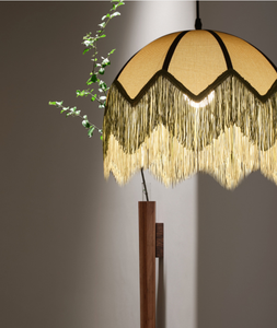 Lampe suspendue vintage française en lin vert avec pompons, LED blanc chaud, intensité réglable, faisceau à 360°, pour chambre, salon, salle à manger - Product Image 3