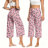 Pantalon large court ultra doux pour femme, rose vif, imprimé géométrique renard, taille haute, effet ventre plat, pour yoga, détente et usage quotidien