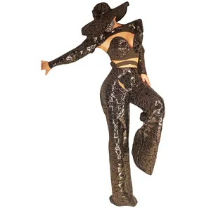 Designer Womens Costumes Sexy Black Sequins Bikini + Hollow Out Flare Pants Club Party Outfit Sets Singer Dancer Stage Costume