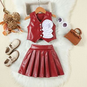 Conjunto <span class=keywords><strong>de</strong></span> Ropa <span class=keywords><strong>de</strong></span> Verano 2026 para Niña, <span class=keywords><strong>Chaleco</strong></span> <span class=keywords><strong>de</strong></span> Cuero Sintético con Flores 3D + Falda Plisada, 2 Piezas - Product Image 1