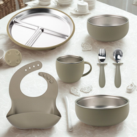 Ensemble d'alimentation de bébé en Silicone en acier inoxydable antidérapant #304 avec assiette divisée par aspiration bol cuillère fourchette bavoirs pour bébé