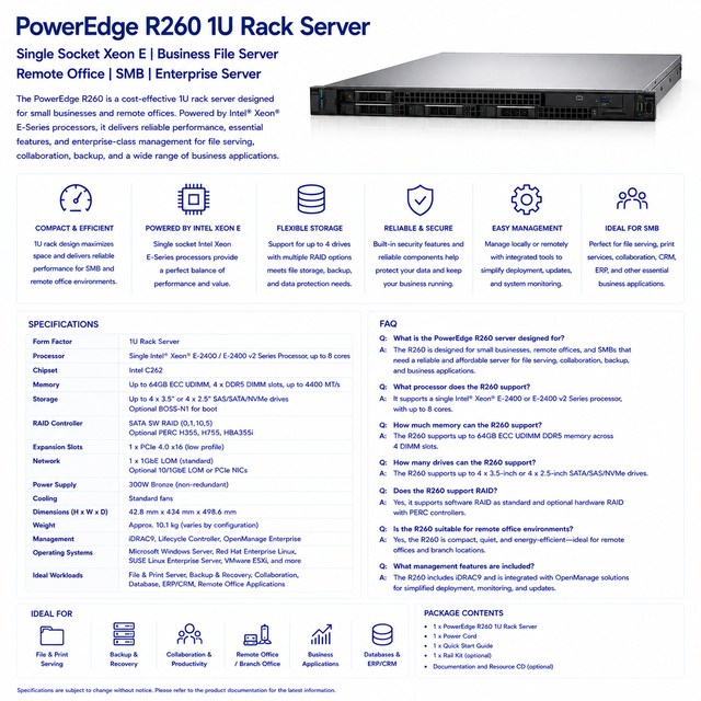 D Ell PowerEdge R260 1U Rack Server Single Socket Xeon E Business File Server Remote Office SMB Enterprise Server