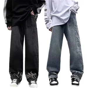 Jeans lunghi y2k larghi jeans personalizzati ricamati a fiamma dritti di ultima progettazione pantaloni 100% cotone lavato da uomo jeans denim