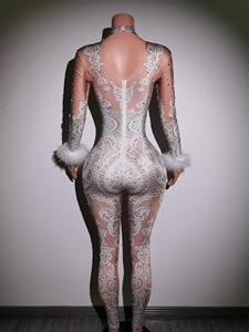 Tutine aderenti Sexy con motivo in <span class=keywords><strong>pizzo</strong></span> bianco Costume da ballo <span class=keywords><strong>tuta</strong></span> da donna Costume intero <span class=keywords><strong>tuta</strong></span> da donna festa del Club festa in strass - Product Image 4