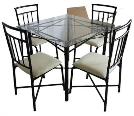 Modern metal wood 5 pc glass dining table chairs set for sale