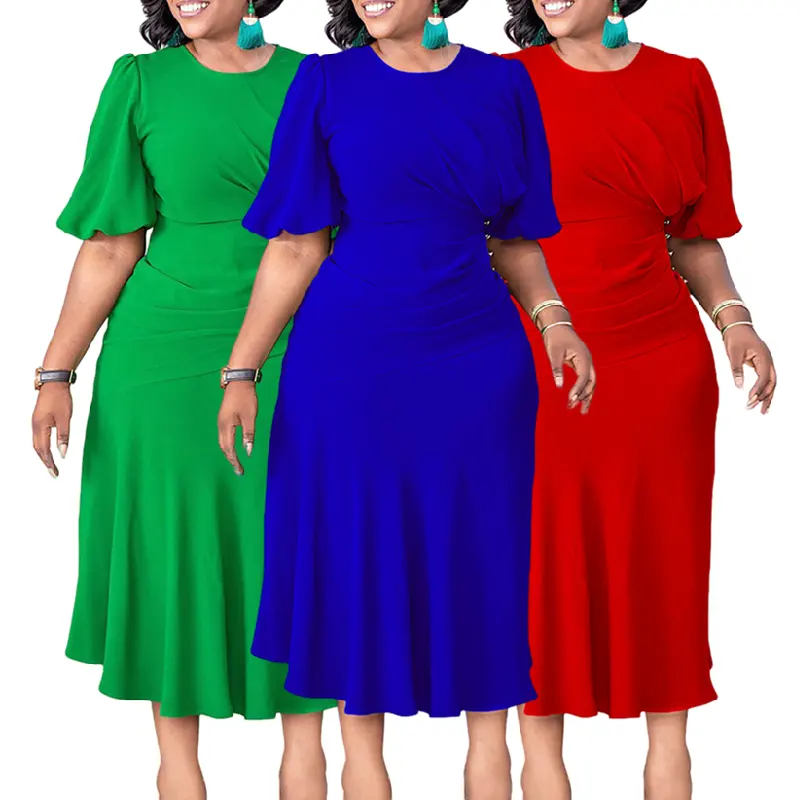 D3215 Vestidos africanos para mulheres, roupas de gola redonda, manga bufante, cintura fina, vestidos elegantes para mulheres, vestido de escritório, design mais recente