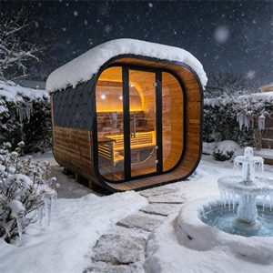 Sauna à vapeur carré extérieur pour 4 à 6 personnes, construction en épicéa carbonisé avec cadre noir, chauffage 6 kW, porte en verre trempé - Product Image 1
