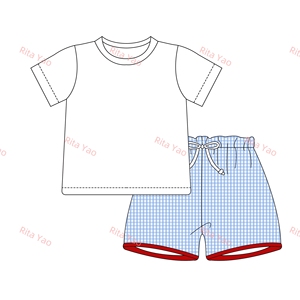 Conjunto de Ropa a Juego para Hermanos para el 4 de Julio, Conjunto de Pantalones Cortos de Burbuja Azul a Cuadros para Bebé Niño y Niña con Monograma, Vestido con Lazo Lateral para Niña - Product Image 5