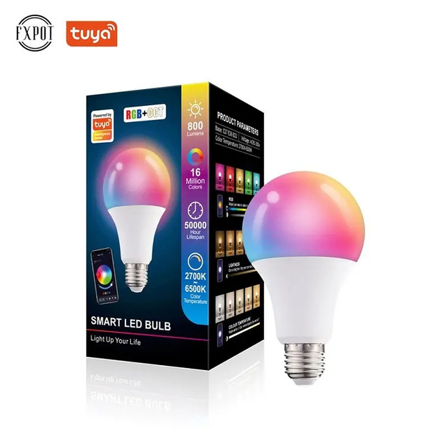 RGB Smart Home High Efficiency LED Lamp Bulb A19 Tuya WiFi Wireless E27/E26/B22 Alexa AC Power CRI 85-90 2-Year Warranty