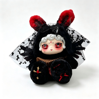 Prêt à être expédié maintenant : Peluche Lapin Noir Mengqi, Lapin Doux Noir et Rouge avec Voile en Dentelle et Ornement Chauve-souris – Cadeau Romantique pour la Saint-Valentin