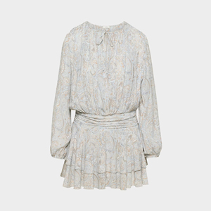 Light Blue Beige Paisley casual <b>skirt</b> Print Tie Neck Long Sleeve <b>Elastic</b> Waist Ruffle Hem Flowy Mini Dress - Product Image 1