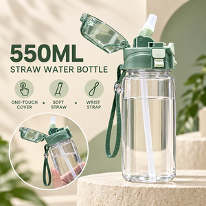 550ml Transparent PP Straw <b>Water</b> <b>Bottle</b> with One-Touch Dust Cover and Wrist Strap Custom Logo OEM ODM - Product Image 1