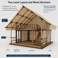 Tente de safari personnalisée à double étage avec auvent en PVC 850g et structure en bois pour les camps de villégiature YX-10