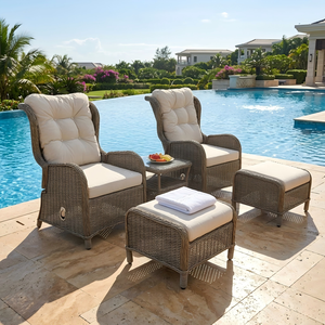 Traditional Outdoor <strong>Garden</strong> Steel Frame Rattan Wicker <strong>Recliner</strong> All Weather Cushioned Sofas and Ottoman Set for Villa - Product Image 3