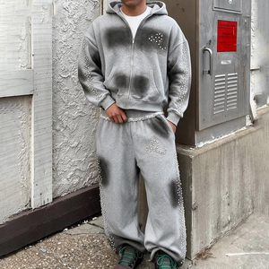 Custom french terry Sweatsuits Unisex Sets Oversized Black Cotton <b>Blank</b> Tracksuits Baggy Straight Leg Sweatpants and Hoodie Set - Product Image 1