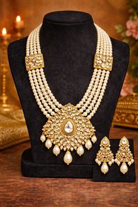Ensemble collier et boucles d'oreilles en or avec pendentif et perles Kundan pour femmes et filles - Product Image 3