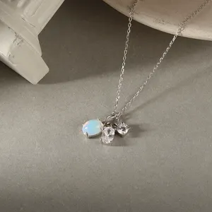 Unique Wholesale 925 Sterling Silver 18k Gold Plated Geometric Pendant Moonstone Gemstone Charm Necklace