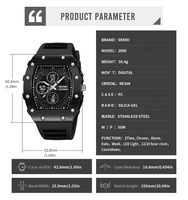 Montre SKMEI 2605 populaire analogique-numérique à double affichage, 2 fuseaux horaires, résistante à l'eau 5 ATM, boîtier en plastique, bracelet en silicone pour hommes et femmes
