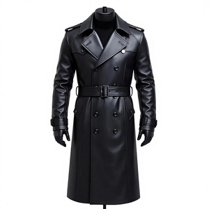 <b>Men</b> Genuine Leather <b>Long</b> Trench <b>Coat</b> Double Breasted Notched Lapel Overcoat With Belt And Pockets Regular Fit - Product Image 2