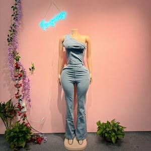 Nuova Tuta Intera da <span class=keywords><strong>Donna</strong></span> in Denim Lavato Elasticizzato con Spalle Scoperte, Vita Annodabile e Gamba Svasata, Outfit <span class=keywords><strong>Sexy</strong></span> Casual Stile Y2K Retrò - Product Image 1