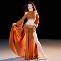 Ensemble deux pièces de danse orientale brillant pour femme 2026, à manches longues, avec fentes latérales doubles, pour spectacle de danse du ventre
