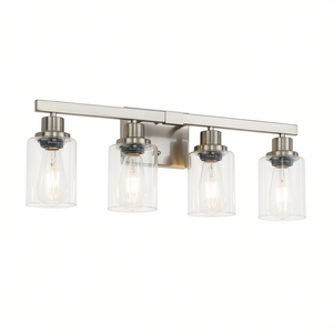 Luminaire de salle de bain moderne à 4 lumières, 24 pouces, finition nickel brossé, abat-jour en verre transparent, éclairage pour zone de dressing - sans ampoules - Product Image 1