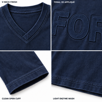 T-shirt à manches longues en jersey 100 % coton épais 260 GSM pour homme, personnalisé, avec broderie appliquée, col en V, bleu marine, style streetwear, vente en gros, OEM