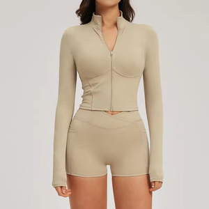 Custom Sustainable Recyclable Zip up Crop <b>Yoga</b> <b>Jackets</b> Moisture-Wicking Cross Waist Gym Fitness Shorts <b>Yoga</b> Set - Product Image 5