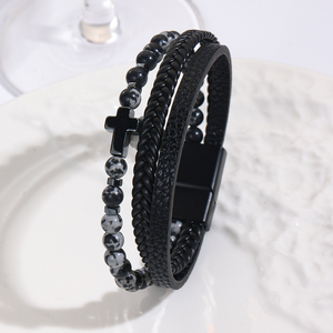 <span class=keywords><strong>Bracelet</strong></span> tressé en cuir avec pierres naturelles pour homme, perles œil de tigre, breloque croix en alliage, fermoir magnétique, bijou religieux masculin - Product Image 4