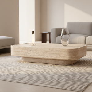 Mesa de centro de piedra moderna RH VITOLO con base esculpida superior de travertino tallado, duradera para sala de estar, hogar, oficina y hotel - Product Image 1
