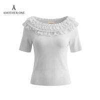 Top chic uni décontracté d'été blanc à épaules dénudées en maille avec encolure plissée en dentelle, coupe ajustée, manches mi-longues