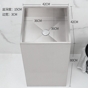 Lavabo sur pied carré moderne en acier inoxydable brossé SS304, lavabo intégré autoportant pour hôtel, bar et toilettes publiques commerciales - Product Image 6