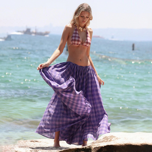 Classic Purple Plaid Breathable Summer Maxi <b>Skirt</b> for Women Elastic Waist A-Line <b>Full</b> Swing Flowy Casual - Product Image 4