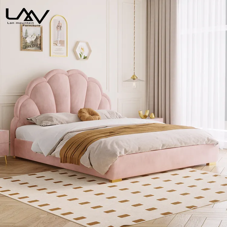 Moderne süße Holzrahmen rosa Samt gepolstert Bett Schlafzimmer möbel Kinder Kinder bett für Mädchen