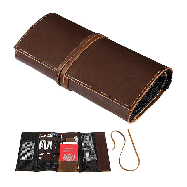 All-in-One Roll up Travel Organizer Genuine Leather Tech Pouch with Dedicated Slots for Cables Passport SD Cards